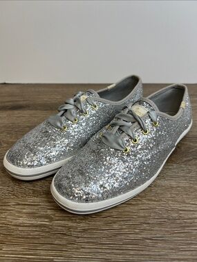 Keds x Kate Spade Silver Glitter Sneakers | Ribbon Lace Shoes | Women’s Size 8